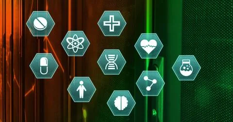 Image of tech icons in hexagons and lines over servers Stock Illustration