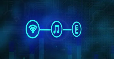 Image of tech icons, light and data on navy background Stock Photos