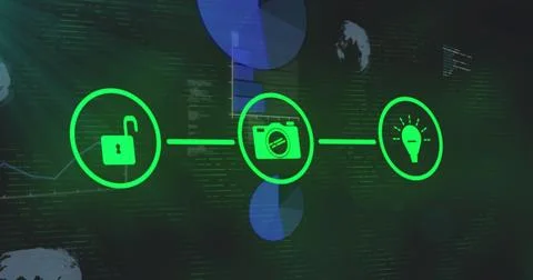 Image of tech icons over data processing on digital screen Stock Photos