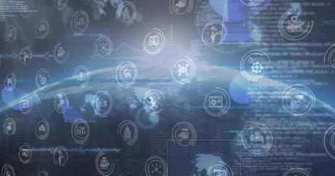 Image of tech icons over globe and data processing Illustrazione stock