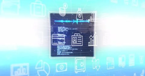 Image of tech icons over screen with data processing on blue background Stock Photos