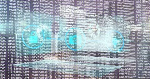 Image of tech icons over security camera and numbers Illustrazione stock