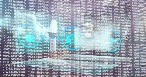 Image of tech icons over security camera and numbers Illustrazione stock
