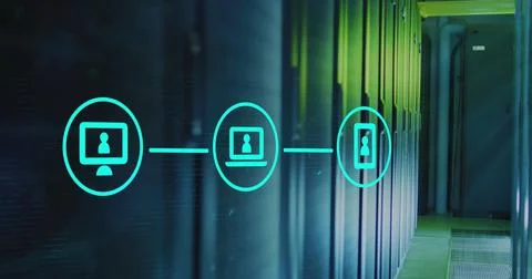 Image of tech icons over server room イラスト素材