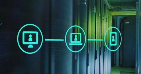 Image of tech icons over server room Stock Photos