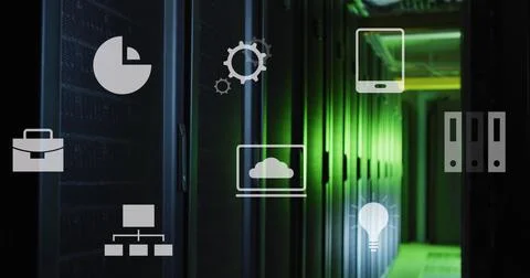 Image of tech icons over servers Stock Photos