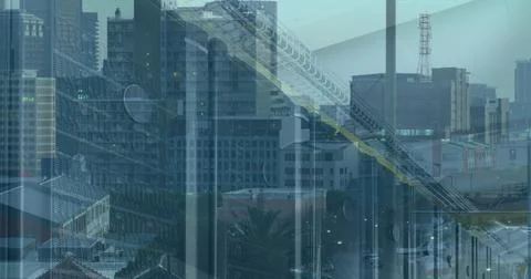 Image of tech room with computer servers and cityscape Stock Photos