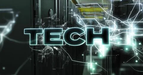 Image of tech text and data processing over computer servers Stock Illustration