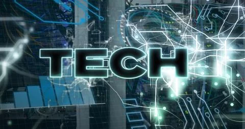 Image of tech text and data processing over computer servers Stock Photos