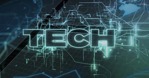 Image of tech text and data processing over network of connections Foto stock