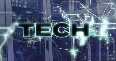 Image of tech text and icons over computer servers Stock Photos
