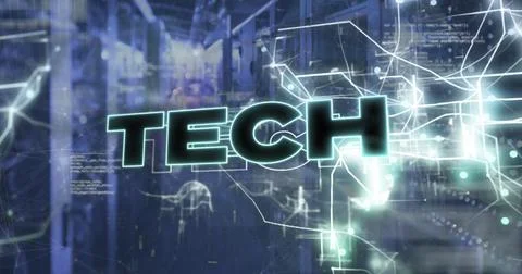 Image of tech text with computer language and navigation pattern over server Stock Photos