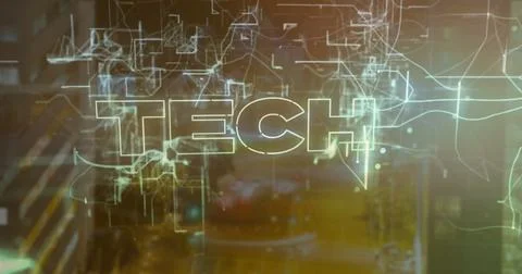 Image of tech text with connections over cityscape Stock Illustration