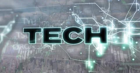 Image of tech text over data processing and connections Stock Illustration