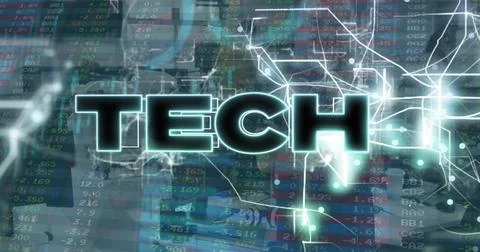 Image of tech text over data processing Illustrazione stock