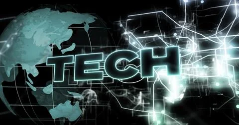 Image of tech text over globe on black background Stock Photos