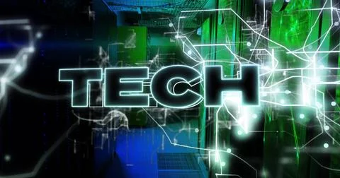 Image of tech text over server room Foto stock