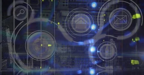 Image of technological icons in circles over a cityscape Illustrazione stock