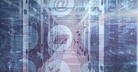 Image of technological icons with data and information over an empty server room イラスト素材