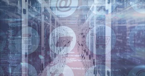 Image of technological icons with data and information over an empty server room イラスト素材