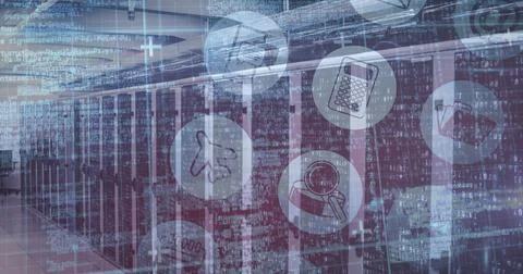 Image of technological icons with data and information over empty server room Stock Photos