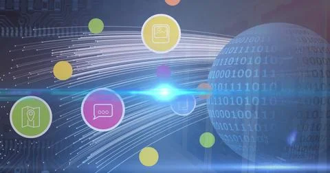 Image of technology icons and globe on navy background Stock Illustration