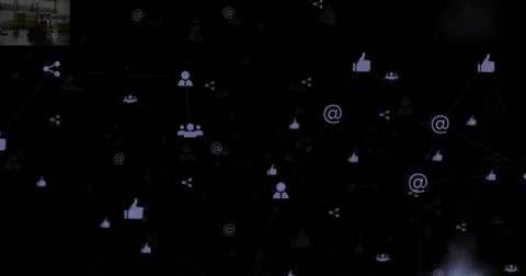 Image of technology icons floating on black background, copy space Foto stock