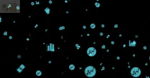 Image of technology icons floating on black background, copy space Foto stock