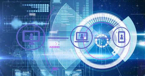 Image of technology icons over data processing on blue background Illustrazione stock