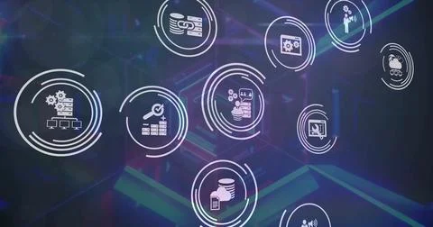 Image of technology icons over digital tunnel on black background Foto stock