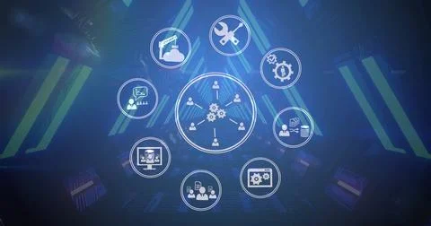 Image of technology icons over digital tunnel on black background 스톡 사진