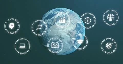 Image of technology icons over globe on black background Stock Photos