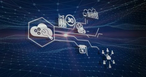 Image of technology icons over network of connections on black background Stockfoto's