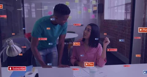 Image of text and data processing over diverse business people in office Stock Photos