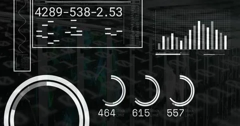 Image of text and data processing over computer servers Stock Photos