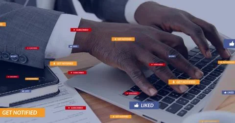 Image of text and digital data processing over african american man using laptop 스톡 사진