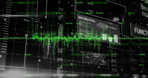 Image of text and digital data processing over black background Stockfoto's