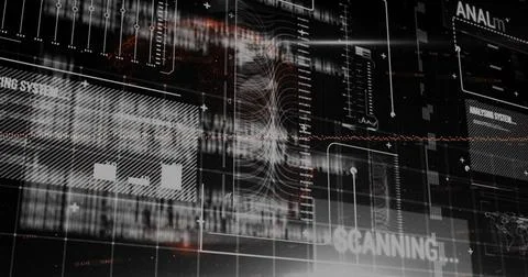 Image of text and digital data processing over black background Stock Photos