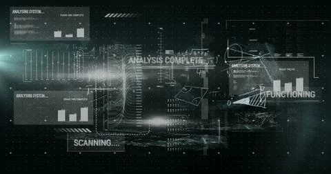Image of text and digital data processing over dark background Foto stock