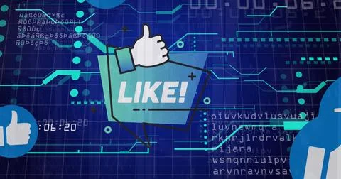 Image of like text and icon with data processing over computer servers Stock Photos