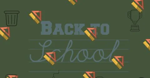 Image of text back to school with repeated ruler and set square moving on green Stock Illustration