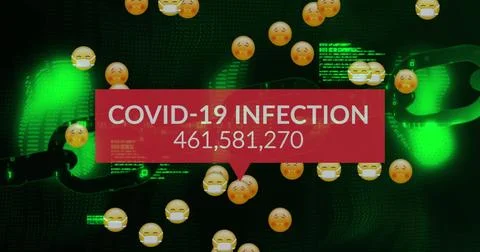 Image of text covid 19 infection and rising numbers on red, over data and Stock Illustration