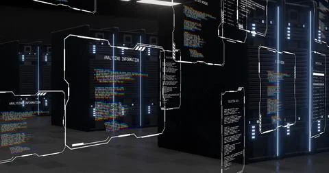 Image of text data files processing over dark computer server room Stock Photos