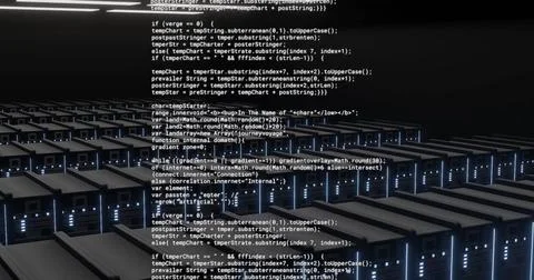 Image of text data processing over banks of flashing computer servers in dark Foto stock