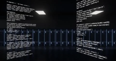Image of text data processing over banks of dark computer servers Stock Photos