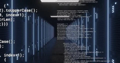 Image of text data processing over dark computer server room Stock Photos