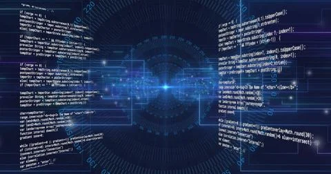 Image of text data processing over blue circular scanner, interface outlines and Stock Photos