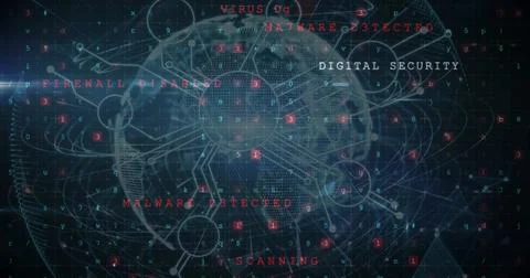 Image of text, digital data processing and globe over dark background Stockillustratie