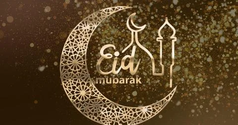 Image of text eid mubarak with mosque and crescent moon in gold, with floating Stock Illustration