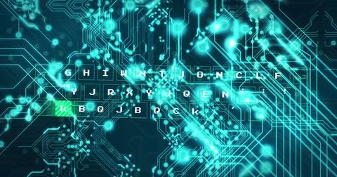 Image of text flickering and computer circuit board with data processing Foto stock